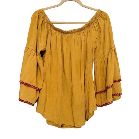 Solitaire Mustard Yellow Peasant Blouse Bell Sleeve Floral Embroidered Top M - Picture 6 of 6